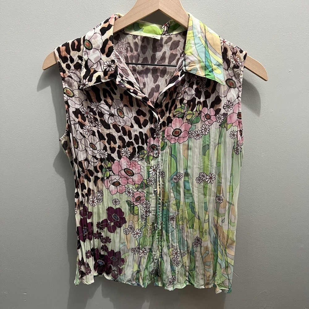 Vintage Graphic Button Up Tank Top 90s Y2K Daisies Floral Leopard Small USA